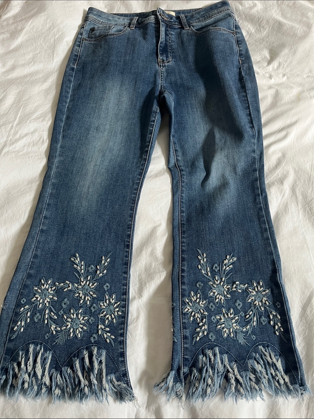 Charlie B beaded floral embroidery fray fringe cropped flare denim jeans